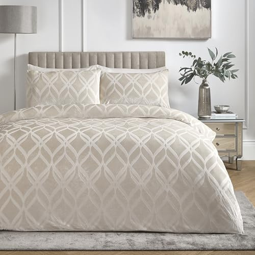 Soiree Velvet Jacquard Duvet Cover Set, 100% Polyester, King Size 230x220cm, Champagne, Diamond Pattern, 2 Pillowcases