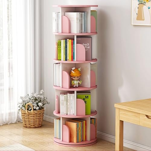 Bibliothèque rotative à 5 étages à 360° silencieuse avec rangement d'angle pour livres (rose) parfaite pour la maison et le bureau