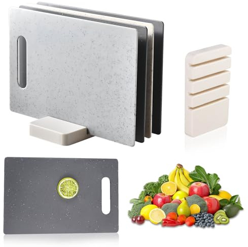 Pmueuff Schneidebrett Kunststoff, 4 Stücke Schneidebretter Set mit Sockel und Griffe Frühstücksbrettchen Schneidebretter Kunststoff Antibakteriell Tragbares Küchenbrett Spülmaschinenfest(28 x 18 cm)