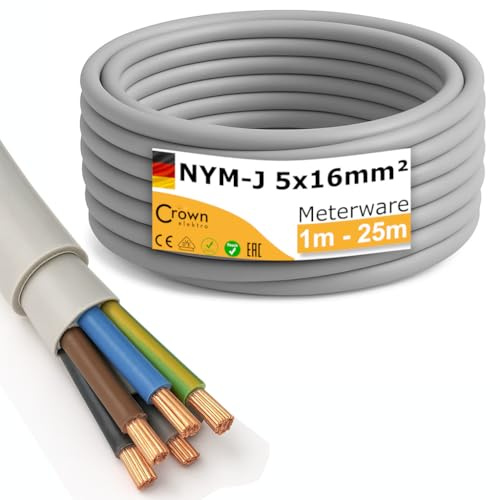 NYM-J 5x16mm² Mantelleitung | 1–25m Meterware | 5-adriges Starkstromkabel aus Kupfer | Feuchtraumkabel für Drehstrom, Wallbox & Elektroinstallation | Made in Germany | Länge (20m)