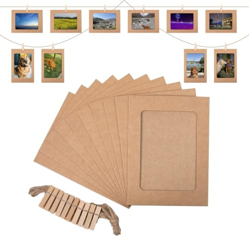 10 Stück Papier Bilderrahmen, Kraftpapier Fotorahmen,15.2x11.5 cm Fotoleine Mit Klammern,DIY Zum Basteln,Wanddekoration Fotorahmen Aus Pappe Für Geburtstag Hochzeit Party Jubiläum Deko Foto Banner
