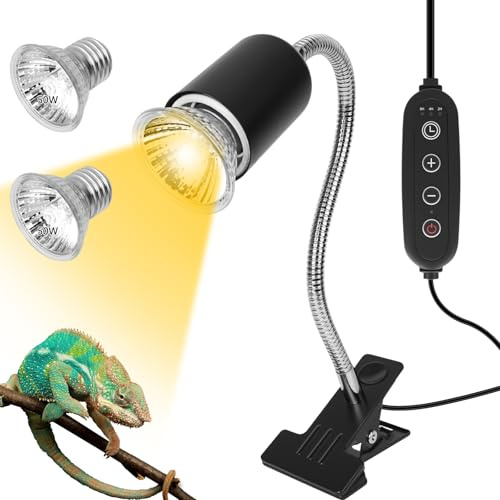Lampe Chauffante Tortue, Minuterie Lampe Chauffante Terrarium avec 50W Ampoules UVA UVB Température Réglable Lampe Reptiles et Amphibiens avec Pince Pivotante à 360°pour Serpent, Lézard, Caméléon
