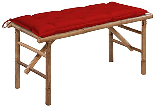 Teenpull Klappbare Gartenbank 118 cm Bambus mit Roter Auflage, Wetterfest, Faltbare Sitzbank für Garten, Terrasse, Veranda