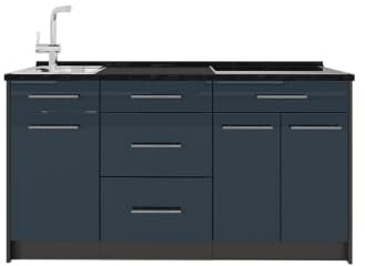 Vicco Köksblock Fame-Line, Mörkblå högblank, 150 cm, AP Antracit, för individuell expansion med kompatibla moduler