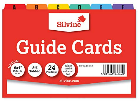 Silvine A6 Guide Cards in Plain White, Tabbed A-Z. Ref 864 (6x4)