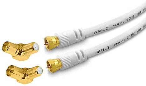 ARLI 1m TV Winkel Antennenkabel weiß – max. 135 dB 5-fach geschirmt | vergoldete F-Stecker & IEC Winkeladapter | DVB-C DVB-T2 DAB+ 4K 8K HDTV Koaxialkabel