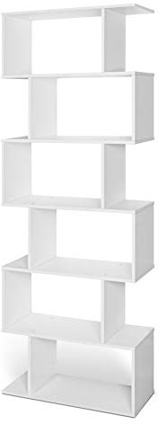 Lillyvale S Shape Bookcase, 6 Tier Wooden Shelving Unit, Freestanding Storage Display Shelf for Living Room, Bedroom & Office, White