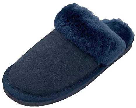 Deluxe Ladies Sheepskin Mule Style Slippers with Thick Sheepskin Lining (Navy, numeric_5)