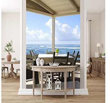 Glücksvilla - Fototapete, selbstklebend (120 x 250 cm (BxH) - div. Maße - Vlies-Tapete XXL Wand-Deko - Kreta Meerblick - Griechenland Insel Küste Taverne Strand Meer Fotografie x