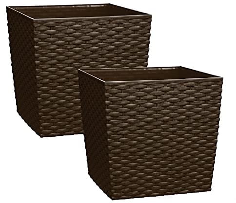 Simpahome 15 Litre Rattan Plastic Planters - Brown, Set of 2 Pots - 25cm Square