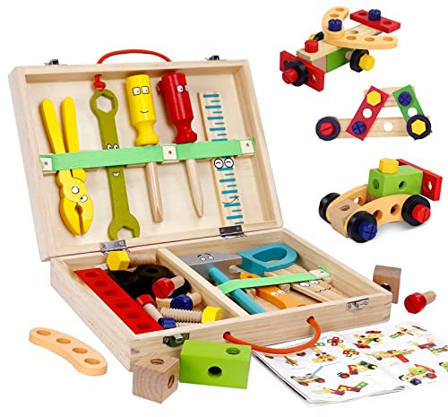 hifunti Caja Maleta Herramientas - Juguetes de Madera para Niños 3-6 Años - Cajas con 34 Piezas - Construcciones para Manualidades, Juegos Educativos