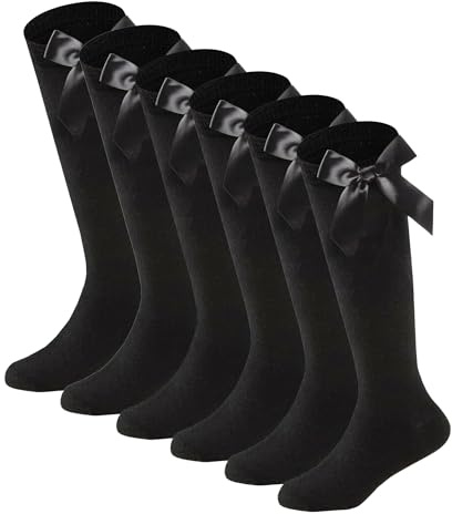 Bonjour® 6 pairs Girls Knee High School Socks Cotton Socks with Ribbons Silky Bow, Back to School Uniform Socks, Party Wear, Long Socks for School with Bow, Knee High Girls School Plain Socks