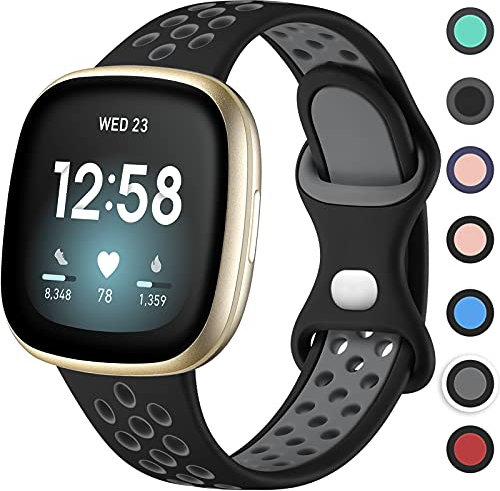 Upeak Sportarmband Kompatibel mit Fitbit Versa 3 Armband/Versa 4 Armband/Fitbit Sense Armband/Sense 2 Armband, Atmungsaktiv Silikon Doppelloch Schnappschnalle Ersatzband, Klein, Schwarz/Grau