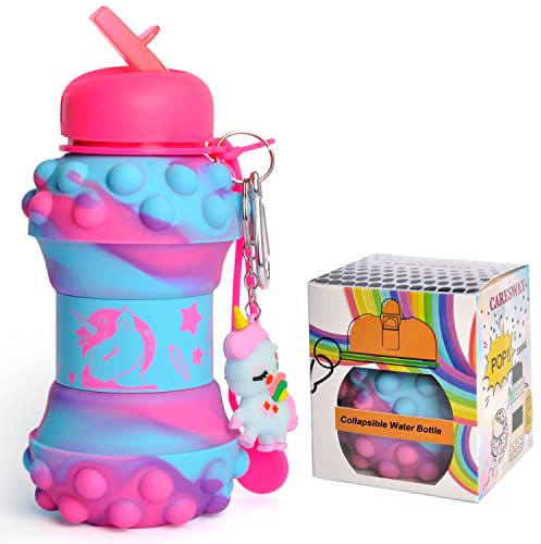 CARESWAY Kids Water Bottle with Keyring – 500ml Girls & Boys Kids Drinks Bottle - Foldable Collapsible BPA Free Childrens Water Bottle - Kids Water Bottles for School - Unicorn Gift