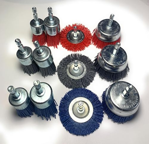 Signi 12 Pack Nylon Bristle Filament Abrasive Brush Drill Wheel and Cup Brush Set with 1/4 Inch Shank, Surface prep Remove Rust/Corrosion/Paint (2.5 Wheel, Hex Shank)