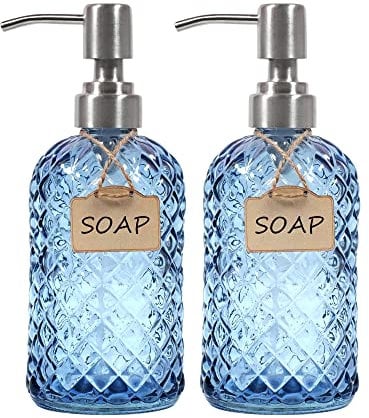 Dispensador de jabón de manos y platos de vidrio para baño y cocina con bomba de acero inoxidable 304 (azul, paquete de 2)