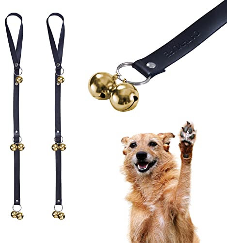 CATHYLIFE Leder-Türklingeln für Türknauf/Töpfchentraining/Gehen nach draußen, Längenverstellung, Kupfer-Hundeglocke, Haustraining, hängende Glocke, schwarzes Leder, goldene Glocken, 2 Stück