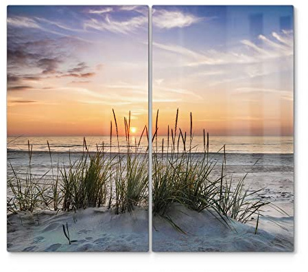 DEQORI Herdabdeckplatten Glas | 2er Set 60x52 cm | Motiv Sonnenuntergang am Strand | Ceranfeld Abdeckplatten in Küche | Herd-Abdeckungen universal | Glasplatten & Schneidebretter für Kochplatte