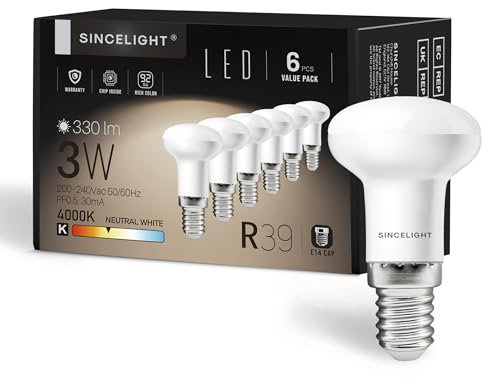 SINCELIGHT LED 3W Glühbirnen mit E14 Sockel, R39 Reflektor mit milchigem Diffusor, Sanfteres und milderes Spotlight, Neutral Weiß 4000K, Satte Farbe RA≈92, 6er-Pack