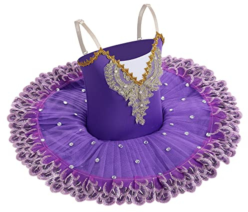 IBAKOM Girls Ballet Dance Dress Swan Lake Sling Strap Lace Pearl Embroidery Camisole Gymnastic Leotard Tutu Costume Figure Skating Dancewear Ballerina Outfit Dark Purple 4-5 Years