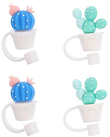 TEONEI Lot de 4 capuchons de paille en forme de cactus, capuchons réutilisables pour pailles de 7 à 8 mm