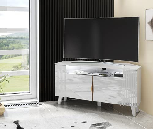 Furneo Azzurro 06 – White Corner TV Stand Cabinet, 100 cm, Matt & High Gloss Finish with Brushed Gold Handles and White LED Lights