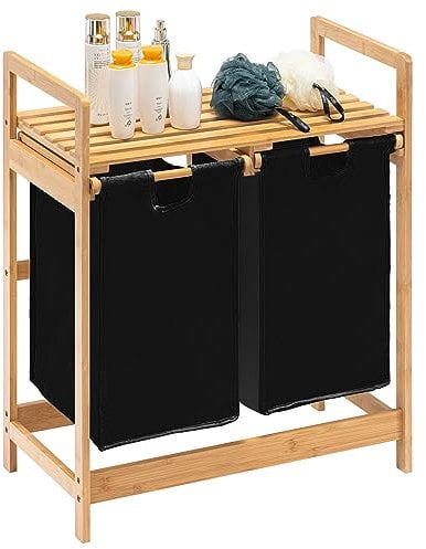 YOUDENOVA Wäschekorb aus Bambus-Gestell mit Ablagen Wäschesammler mit 2 Ausziehbaren Wäschesäcken für Schlafzimmer Bad oder Waschküche 73x64x33cm Schwarz