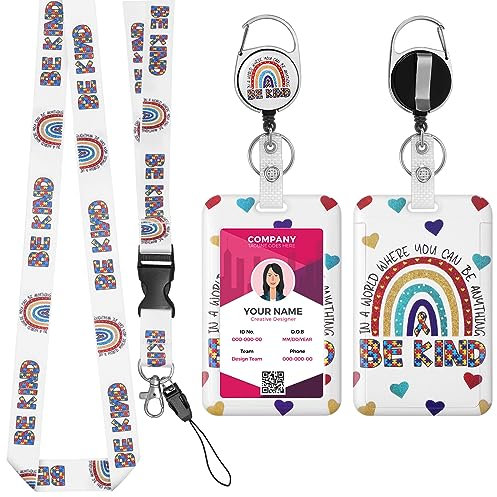 TIESOME Einziehbares Lanyard mit ID Kartenhalter Set, Boho Regenbogen Kunststoff Kartenhalter mit abnehmbarem Lanyard und einziehbarem Ausweishalter ID Schutz harter Ausweishalter für Arzt Lehrer (B)