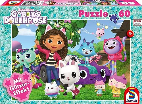 Schmidt Spiele 56474 Gabby's Dollhouse, Fröhliche Freunde, 60 Teile Kinder-Glitzerpuzzle