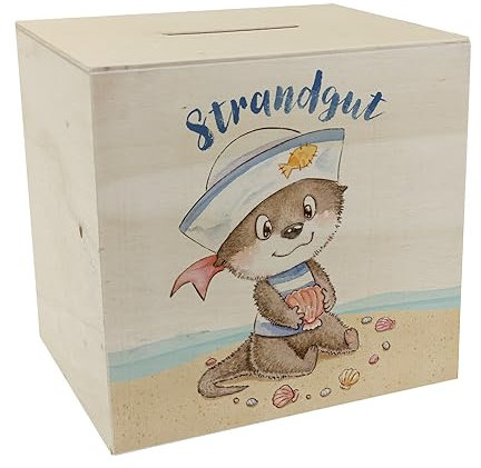 Ottfried der Otter Spardose aus Holz mit Spruch Strandgut Strand Muscheln Sparschwein Fischotter Sparbüchse sammeln für Frauen Reise Aquarell maritim süße Matrose niedlich