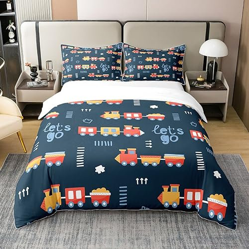 richhome 100% Baumwolle Kinder Zug Bettbezug 135x200 Größe, Transport Auto Liebhaber Bettwäsche Set, Hand Draw Line Tröster Abdeckung Bettwäsche