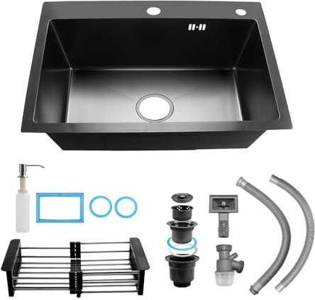 Snowtaros Fregadero Cocina 1 Seno 60x45cm, Fregadero de Cocina Negro de Acero Inoxidable, Fregadero Bajo/Encimera/Enrasado con Escurridor, Sifón, Dispensador Jabón y Juego Desagüe (60 x 45 x 22 cm)