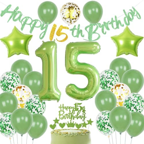 Grün Geburtstagsdeko 15 Junge, Grün 15 Geburtstag Deko Mädchen, Luftballons 15. Geburtstagsdeko Jungen 15. Geburtstag, 15. Mädchen Ballon, 15. Party Deko