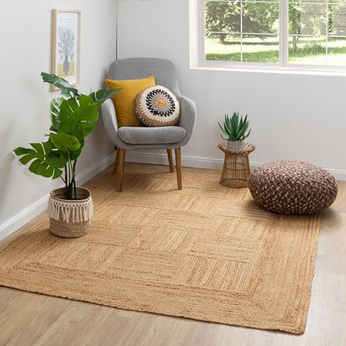 Steffensmeier Jute Teppich Goa | Rechteckig | Wohnzimmer, Flur, Eingangsbereich, Naturfaser, hangeflochten, Bordüre, Größe: 80x150 cm