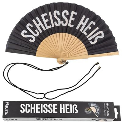 FISURA – Origineller Handfächer mit der Botschaft Sch*isse Heiß Moderner und witziger Holzfächer. Schwarz-weißer Fächer. Fächer mit Fächerhalter. Maße: 42,5 x 23 cm.