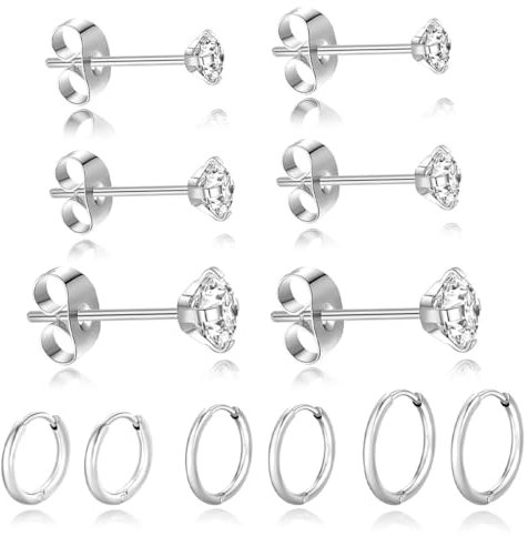 SCJJZ Boucles d'oreilles pour homme,Boucles d'oreilles pour femme,Boucles d'oreilles en fil rond, boucles d'oreilles à dos plat en zircon, boucles d'oreilles à boucle papillon (6 paires)