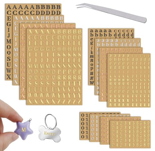 Modixun 4 Colors Small Letter Stickers, 12 Sheets Glitter Metal Alloy Alphabet Number Stickers, Self Adhesive Mini ABC Stickers for Resin Scrapbooking with Tweezers, 3mm