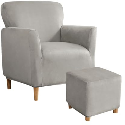 SYLC Stretch Samt Sessel Sofa Abdeckungen Mit Ottomane Überwürfe Rechteck/Quadrat, Bankett Wanne Stuhl Überwürfe Fußhocker Bezug (Light Grey,Chair+Ottoman Square L)