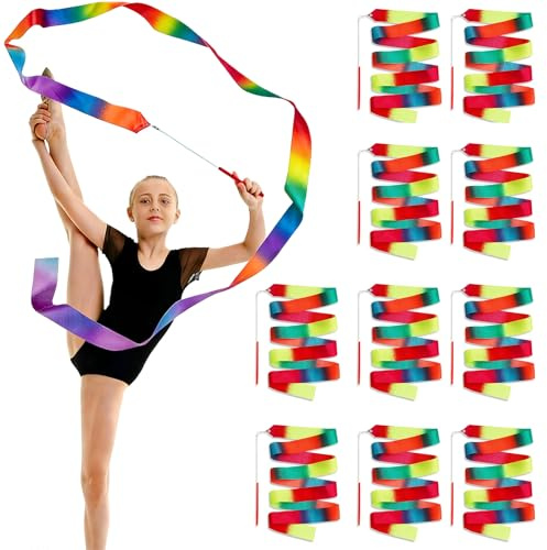 Lot de 10 Bandes Tanzband mit Stab Kinder -2m Multicolores Tigetanzband | Rhythmische Sportgymnastik Band pour La Danse Des Enfants, La Gymnastique de Danse Artistique, Le Plaisir De Jeu Pour
