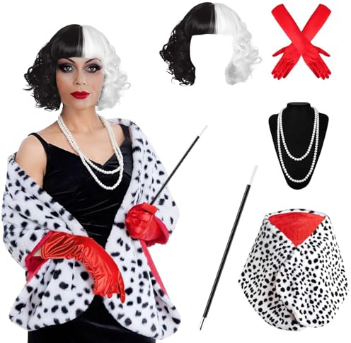 YQBFB 5 Stück Cruella Kostüm Damen Set: Cruella Devil Kostüme mit Perücke Weiß Schwarz Gepunkteter Stola Fell Rot Handschuhe Perlenkette und Lange Stange für Halloween Karneval Fasching