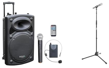 Ibiza - PORT15VHF-BT - Enceinte Portable 15/800W Max avec 2 micros (VHF), télécommande & Tiger MCA21-BK Pied de Microphone - Trépied - Noir