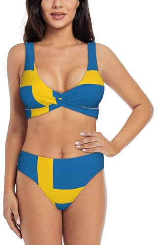 Maillot de bain femme imprimé drapeau suédois, bikini taille haute, maillot de bain sport deux pièces, Noir , M