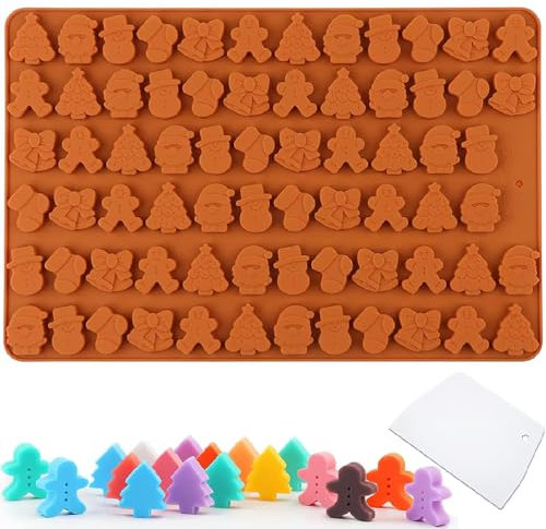 Stampi natalizi in silicone per cioccolatini, mini 70 cavità, albero di Natale, pupazzo di neve, Babbo Natale, omino di pan di zenzero, campana, stampi da forno fai da te per cioccolato, gommoso,