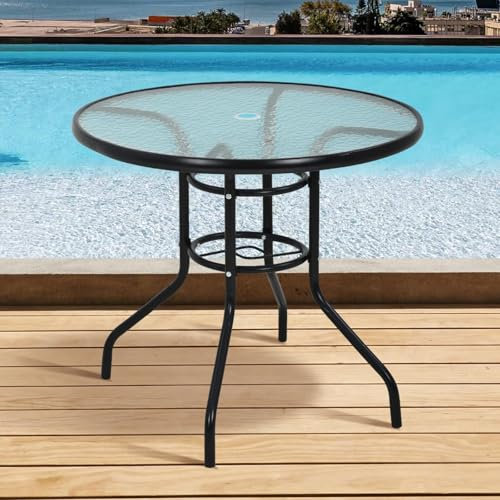 MIDUOLAI Bistrotisch Für Draußen, Terrassentisch Aus Gehärtetem Glas, Runder Terrassentisch, Mit Loch Für Schirm, Für Essbars Im Freien, Garten, Rasen, Balkon, Hof,Schwarz,Round