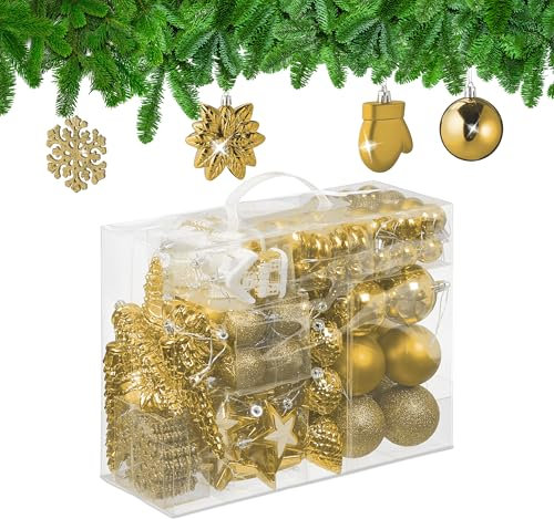 Relaxdays Palline di Natale, Set 100 Addobbi Natalizi, Palle Opache, Lucide, Glitter, 10 Design Diversi, Plastica, Oro