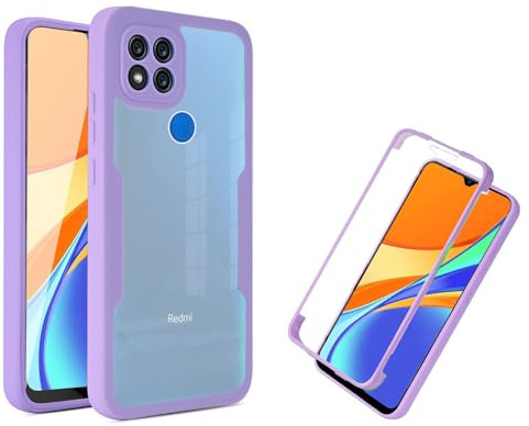 ILING Transparente Funda para Xiaomi Redmi 9C NFC/Redmi 9C, Moda Ultradelgado Antigolpes Carcasa con Protector de Pantalla Incorporado, Dura PC + Silicona TPU Bumper Cubierta (Púrpura)