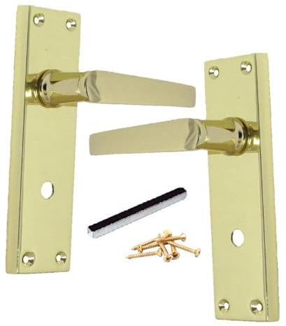 Brass Door Handles Interior Door Handles - Victorian Straight Lock Handles Brass Plated Door Handles, Back Plate, 150 x 42mm, Door Handles Multipack, Door Handles Set 1