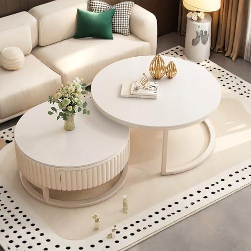 Ggipxalatyr 2-in-1 Klappbarer Couchtisch Set – Couchtisch Rund Holz-Platzsparendes, Beistelltisch 2er Set, 50cm + 70cm Runde Tische Für Wohnzimmer, Beistelltisch Rund,Modern,Weiß