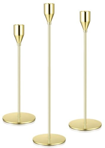 3 STK Kerzenständer Gold Kerzenhalter Stabkerzenhalter Gold, Vintage Dekorativer Metall Hoch Kerzenleuchter für Hochzeitstisch Geburtstag Party Abendessen Tischdeko, 23/28/33cm