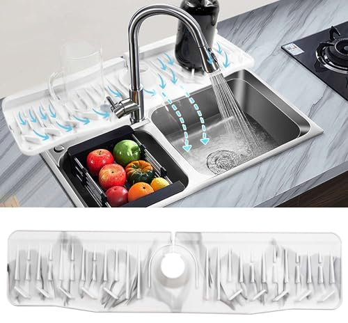 Daily Treasures 60x15cm Longer Kitchen Sink Splash Guard with Marbled Design, 10° Slope Silicone Faucet Mat,Foldable Water Catcher Mat,Tidy Mat for Kitchen Sink Bathroom Counter Sink Accessories White